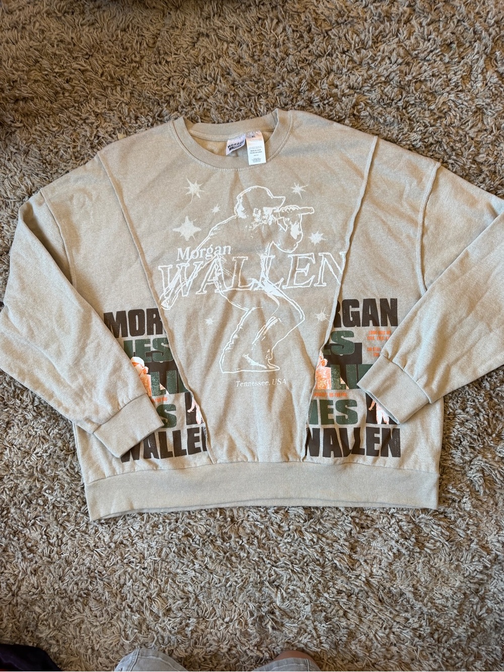 Morgan Wallen Khaki Fleece Graphic Print Crewneck Pullover Sweatshirt XL